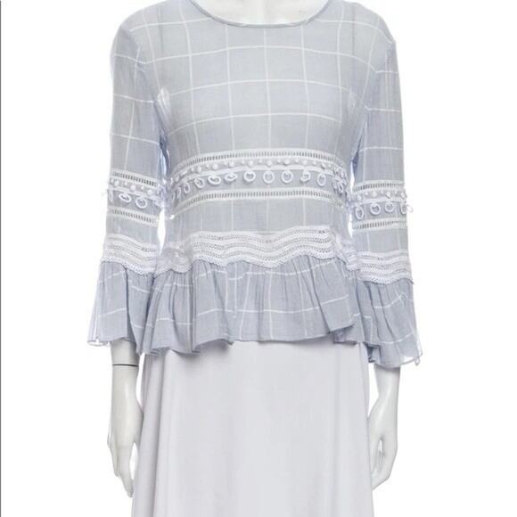 Jonathan Simkhai Blue Voile Grid Cotton Blouse XS Lace Ruffle Hem Top Keyhole - Picture 3 of 11